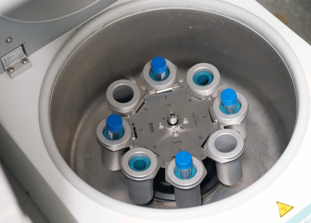 A laboratory centrifuge containing six tubes with blue caps, arranged in a circular pattern for sample separation.