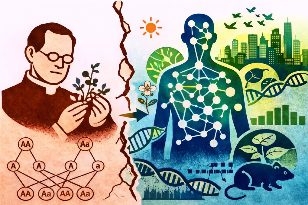 Illustration von Genetik: Pflanzen und DNA-Strukturen, ein menschlicher Umriss, Stadtlandschaft, Sonne und Tiere.