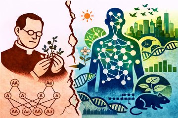 Illustration von Genetik: Pflanzen und DNA-Strukturen, ein menschlicher Umriss, Stadtlandschaft, Sonne und Tiere.
